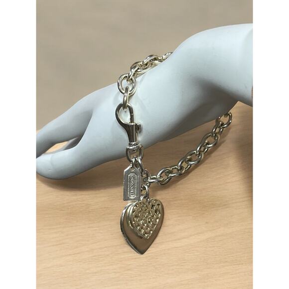 Y2K Coach 925 Sterling Silver Double Heart Pendant Link Bracelet - Picture 2 of 7